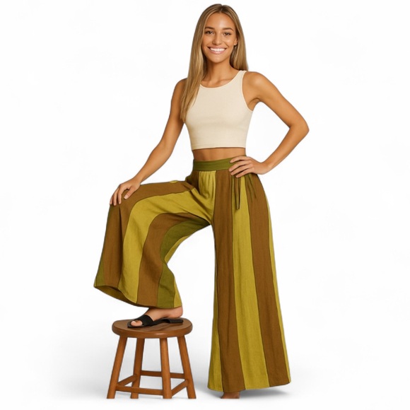 Women’s Extra Wide Leg Cotton Palazzo Crop Pants Green and Brown Size M - Picture 1 of 6